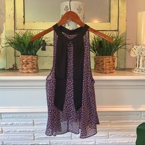 BCBGeneration Purple Black Sheer Floral High Neck Blouse Tie Back NEW M
